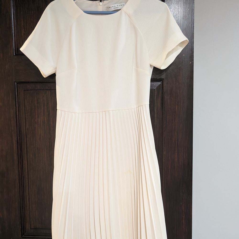 Trina Turk Cream Pleated Midi Dress for Wedding Guest